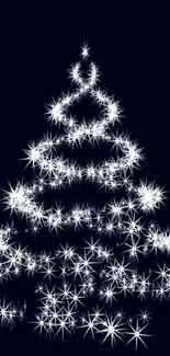 Sparkling Christmas tree wallpaper with stars on midnight blue background.