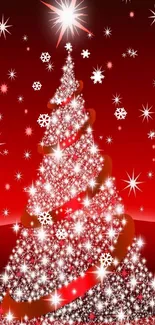 A vibrant red Christmas tree wallpaper full of sparkles and stars.