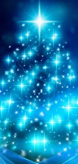 A digital Christmas tree glowing blue with stars on a serene background.