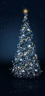 Brightly decorated Christmas tree with starry background.