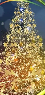 Festive golden Christmas tree with colorful sparkles and snowflakes.