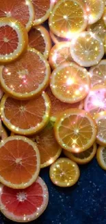 Fresh citrus slice wallpaper with sparkling effects and a dark blue background.