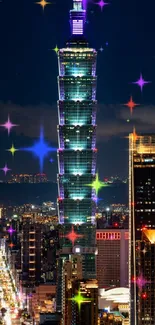 Colorful night cityscape with a tall, illuminated skyscraper and neon lights.