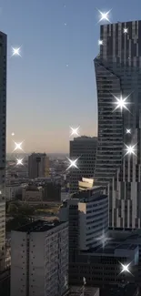 Stunning cityscape with sparkling stars against a dusk sky, highlighting skyscrapers.