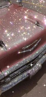 Vintage car with sparkling glitter effect on a pink background.