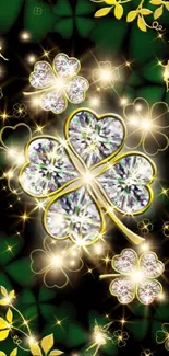 Sparkling clover wallpaper with diamond gems and golden accents on green.