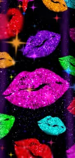 Mobile wallpaper with glittering colorful lips on a dark background.