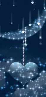 Sparkling crescent moon and heart in a starry sky with dark blue clouds.