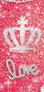 A glittery pink wallpaper featuring a crown with 'love' text.