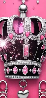 A sparkling jeweled crown on a pink background.