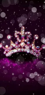 Glittering crown with jewels on a purple galaxy background.