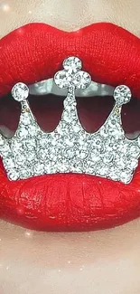 Sparkling crown resting on bold red lips, chic mobile wallpaper.