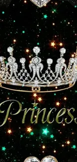 Sparkling diamond crown with 'Princess' text on a black starry background.