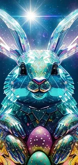 Colorful cosmic bunny with vibrant eggs.