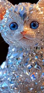A dazzling crystal-covered cat with radiant blue eyes.