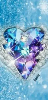 Glittering crystal heart with icy blue snowflakes.