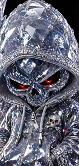 Crystal skull angel with red eyes in a hoodie.