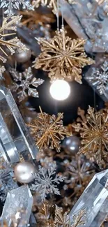 Elegant wallpaper with crystal snowflakes and gold accents.