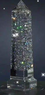 Glittering crystal tower against dark background with starry effects.