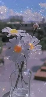 Daisies in a glass vase with a sparkling effect against a blue sky.