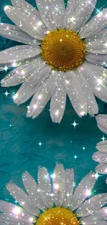 Sparkling daisies on turquoise background with shimmer effects.