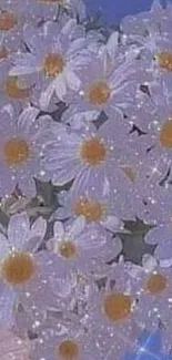 Mobile wallpaper of daisies with sparkle effect on a soft blue background.