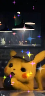 Detective Pikachu with sparkles in a cozy setting, vibrant yellow theme.