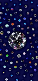 Diamond at center with colorful dots on blue background.