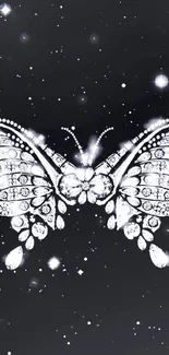 Shimmering diamond butterfly on black starry wallpaper.