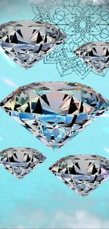 Mobile wallpaper with sparkling diamonds on a light blue background.