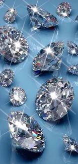 Sparkling diamonds scattered over a blue background, creating an elegant visual.