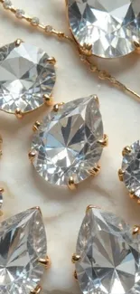 Close-up of sparkling diamond jewels on gold setting.