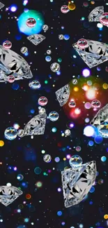 Dynamic mobile wallpaper with floating diamonds in a colorful space-themed background.