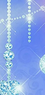 Dazzling mobile wallpaper with diamond hearts and sparkling gems on a blue background.