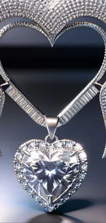 A sparkling diamond heart pendant on a mobile wallpaper.
