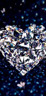 Heart-shaped diamond on deep blue background, sparkling beautifully.