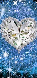 Sparkling diamond heart on blue glittering background wallpaper.