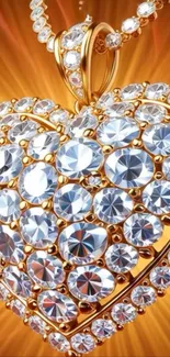 Heart-shaped diamond necklace on golden backdrop.