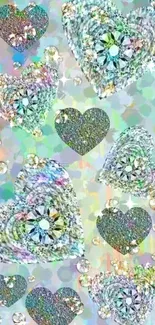 Mobile wallpaper with sparkling diamond hearts and colorful background.