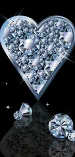 Diamond heart with sparkling gems on a black background wallpaper.