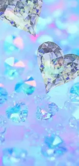 Mobile wallpaper with diamond hearts and a blue bokeh background.