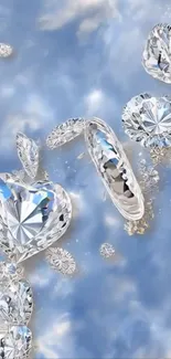 Diamonds and heart shapes on blue background mobile wallpaper.