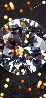 A diamond with bright reflections on a dark background adorned with glowing dots.