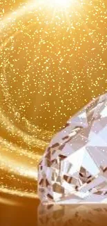 Sparkling diamond on a golden background with radiant light.