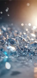 Close-up of sparkling diamonds reflecting light on a blurred background.