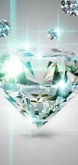 Shining diamond with sparkling gems on a light gray background.