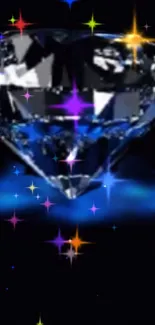 Sparkling diamond with colorful starry glow on a black background.