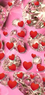 Diamonds and hearts on pink wallpaper background.