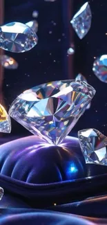 Diamonds sparkling on blue velvet background