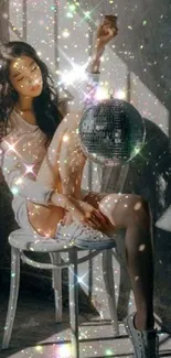 Woman sitting with sparkling disco ball reflections.